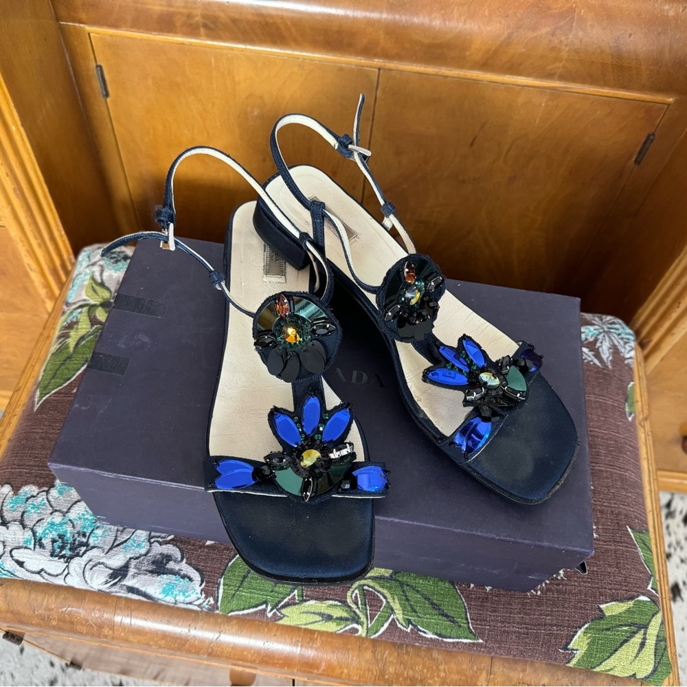 Prada sparkle sequin Italian sandals dark satin riviera 60’s retro